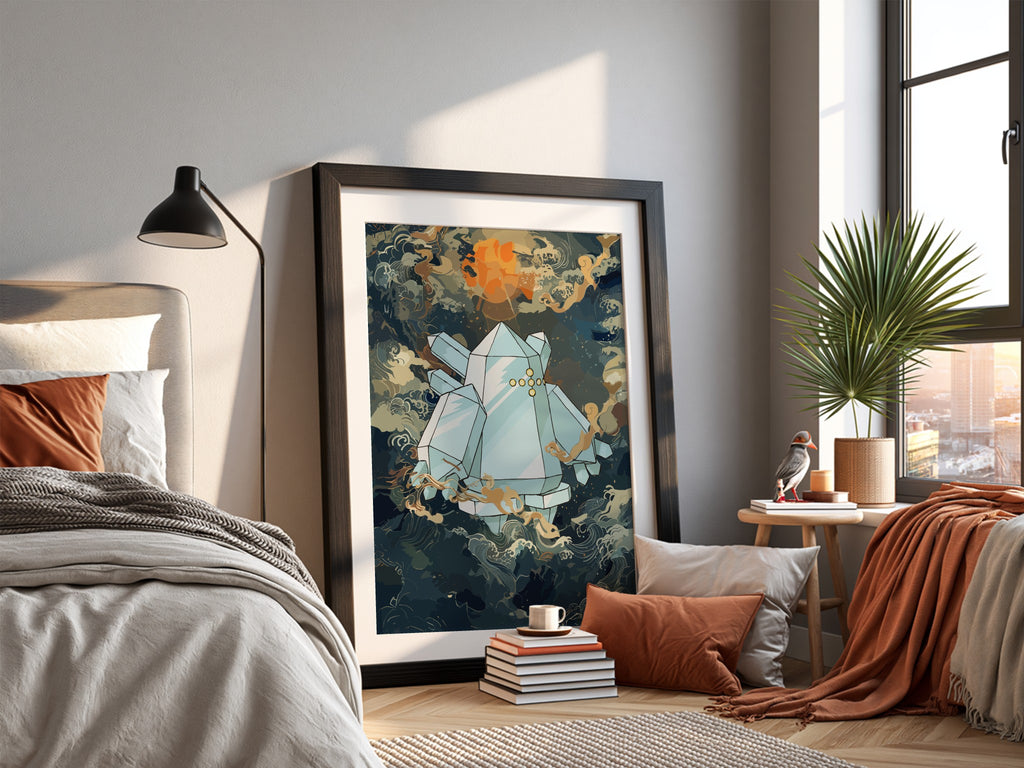 Poster of Regice crystal figure with icy blues and amber swirling cosmic background