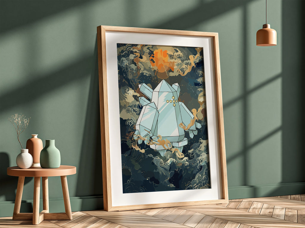 Poster of Regice crystal figure with icy blues and amber swirling cosmic background