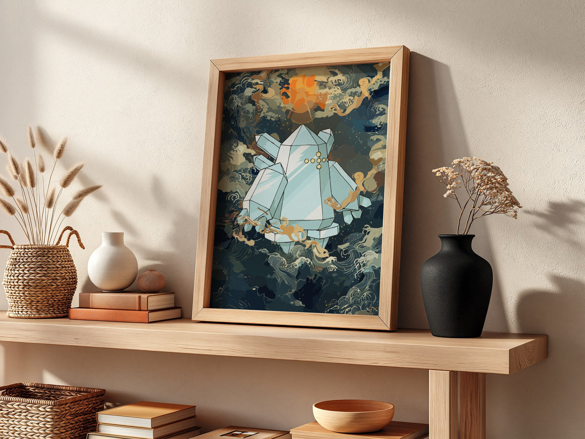 Poster of Regice crystal figure with icy blues and amber swirling cosmic background