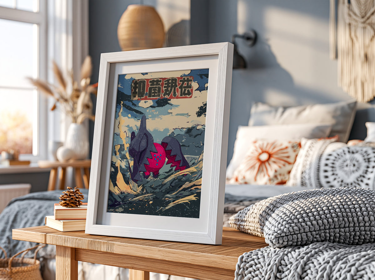 Framed poster wall decor featuring Regidrago in bold retro Japanese style with deep blues reds and earthy