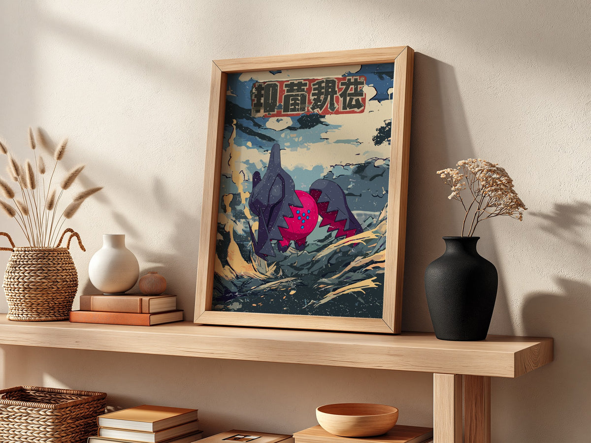 Framed poster wall decor featuring Regidrago in bold retro Japanese style with deep blues reds and earthy