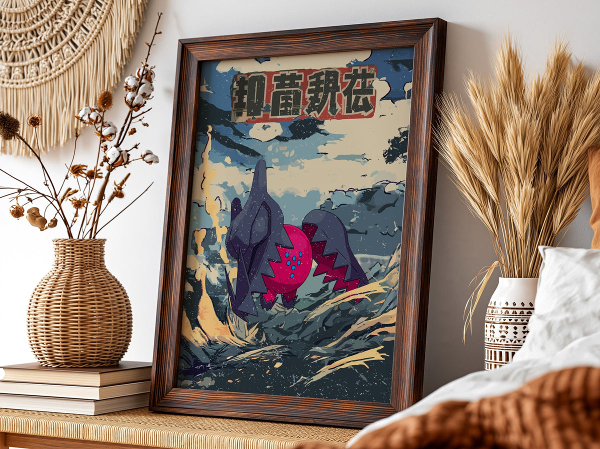 Framed poster wall decor featuring Regidrago in bold retro Japanese style with deep blues reds and earthy