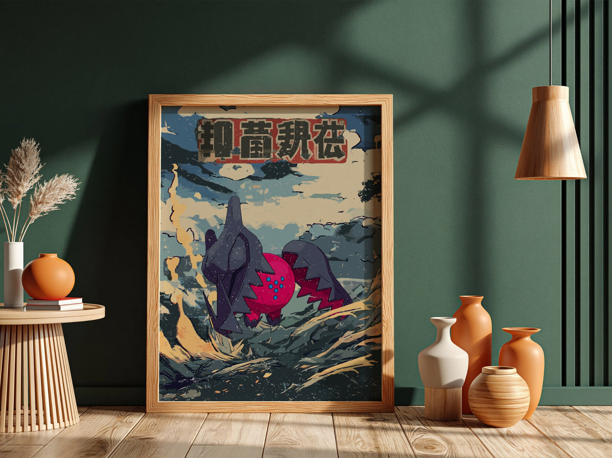 Framed poster wall decor featuring Regidrago in bold retro Japanese style with deep blues reds and earthy