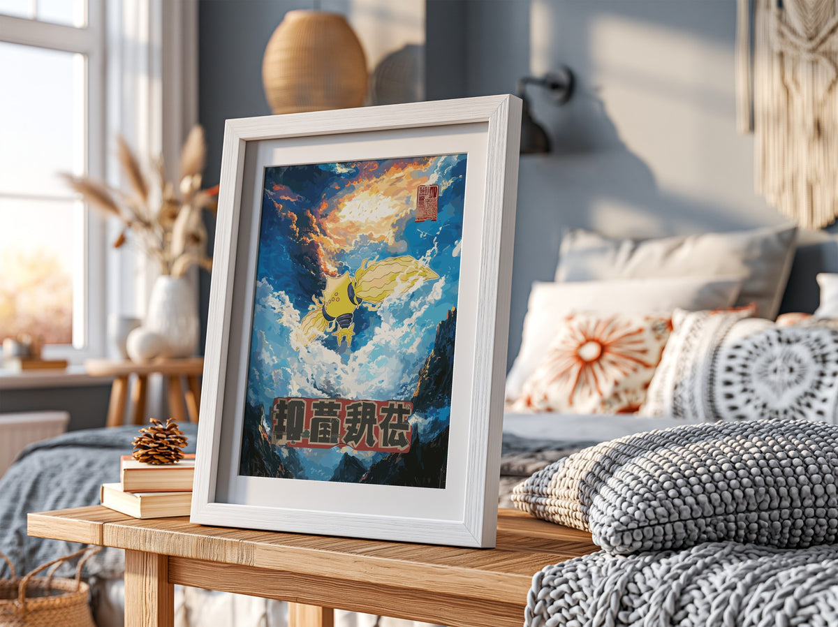 Poster of Regieleki Pokémon in blue and yellow with dramatic cloudy sky background