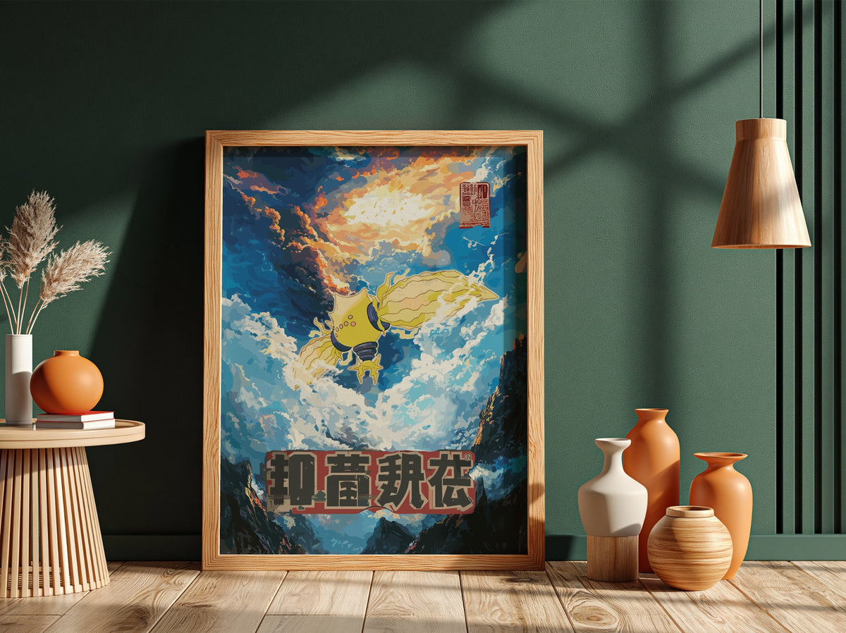 Poster of Regieleki Pokémon in blue and yellow with dramatic cloudy sky background