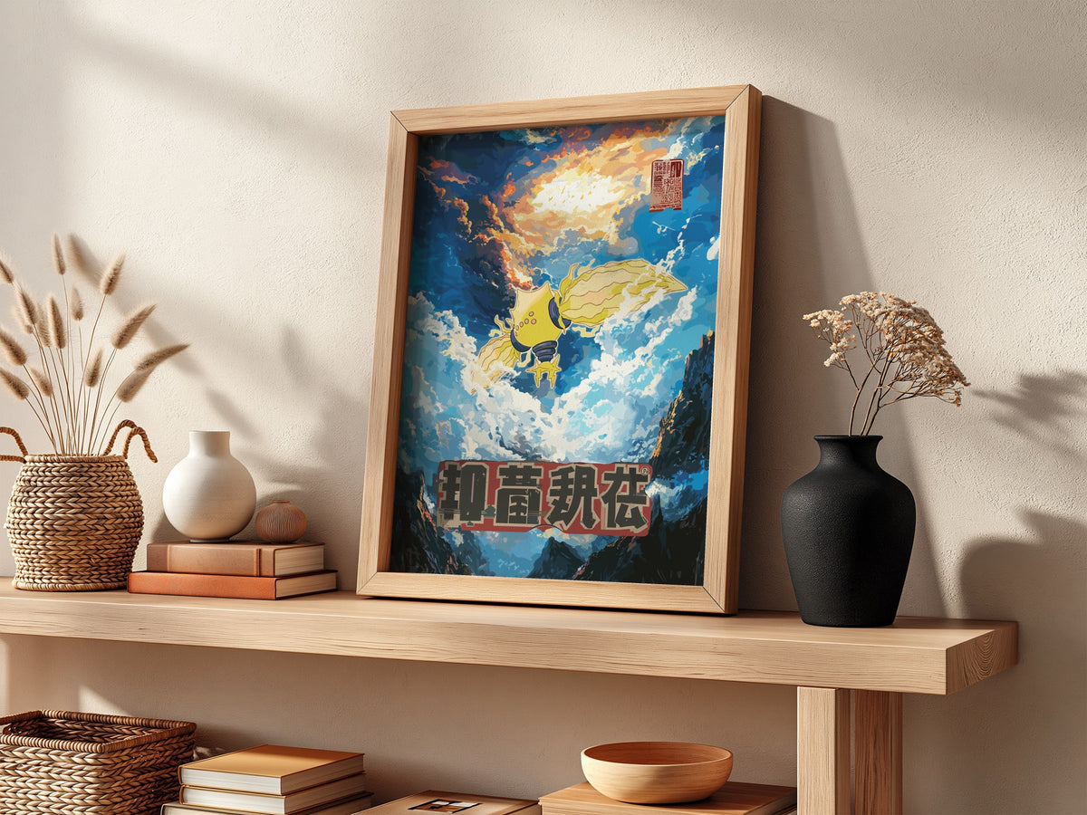 Poster of Regieleki Pokémon in blue and yellow with dramatic cloudy sky background