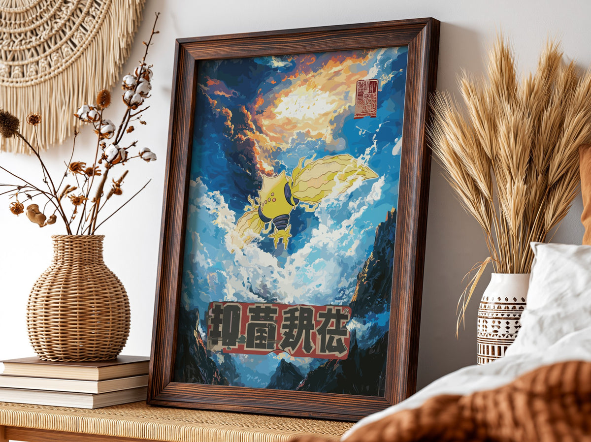 Poster of Regieleki Pokémon in blue and yellow with dramatic cloudy sky background
