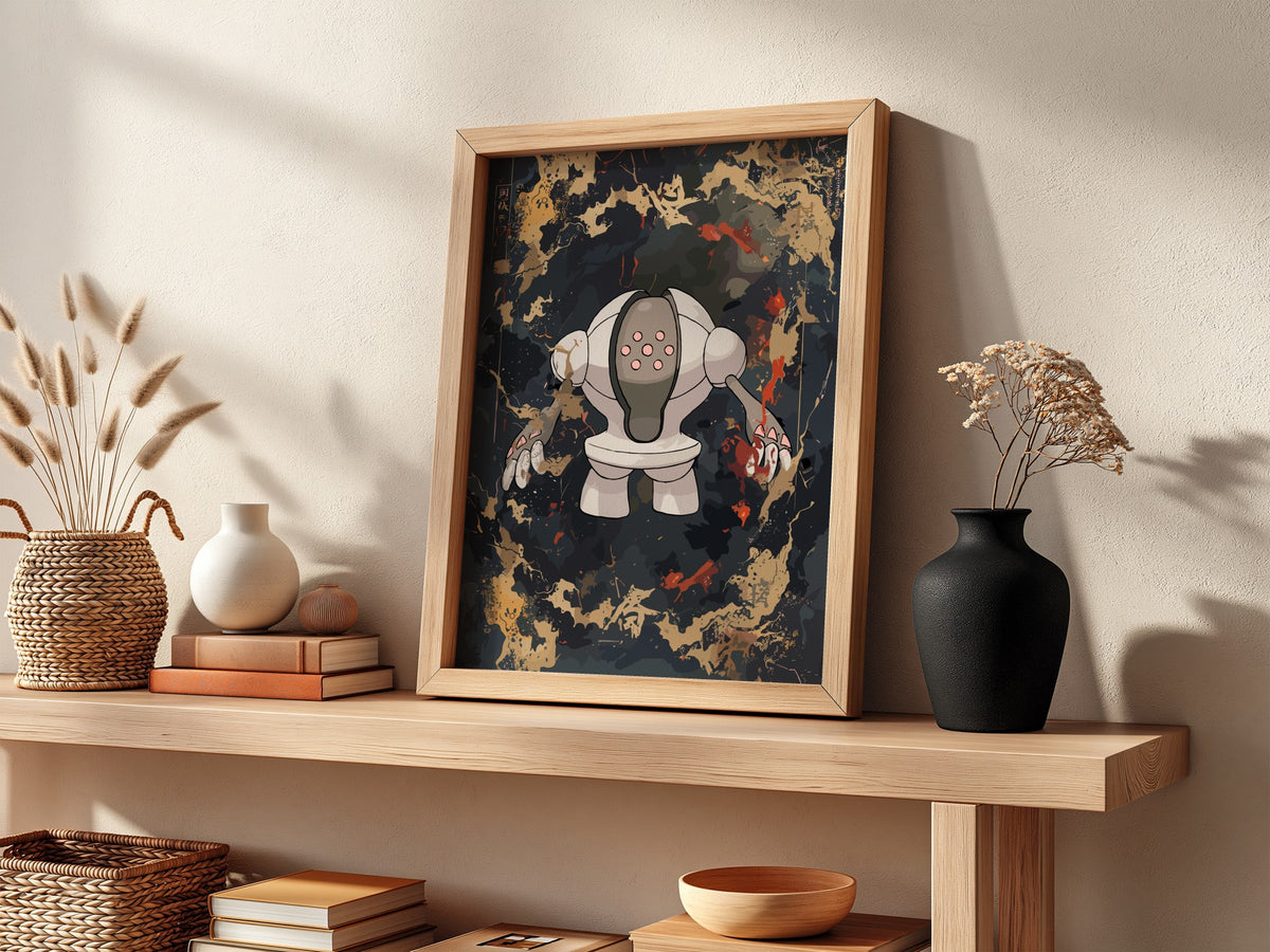 Registeel Pokémon poster with dark fantasy style, muted black and orange palette, robotic golem figure
