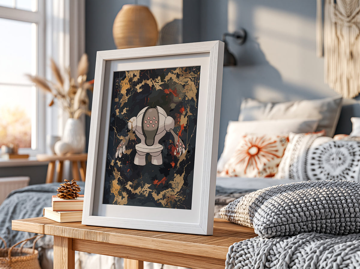 Registeel Pokémon poster with dark fantasy style, muted black and orange palette, robotic golem figure