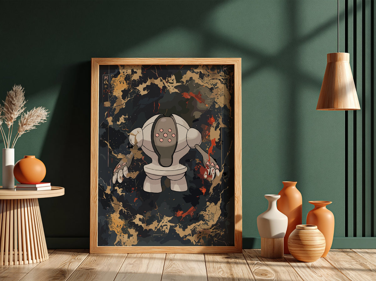 Registeel Pokémon poster with dark fantasy style, muted black and orange palette, robotic golem figure