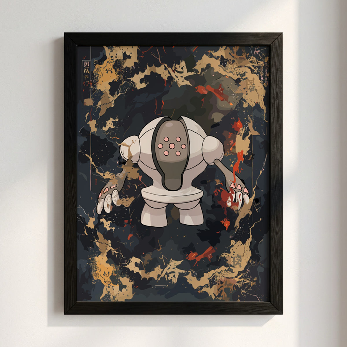 Registeel Pokémon poster with dark fantasy style, muted black and orange palette, robotic golem figure