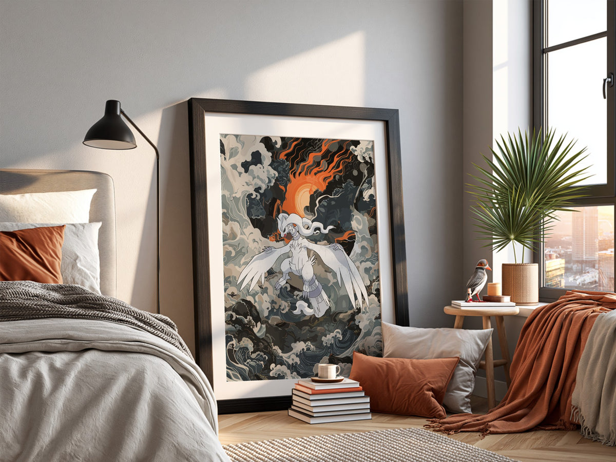 Poster of Reshiram mythical creature with white wings fiery orange sun and stormy clouds