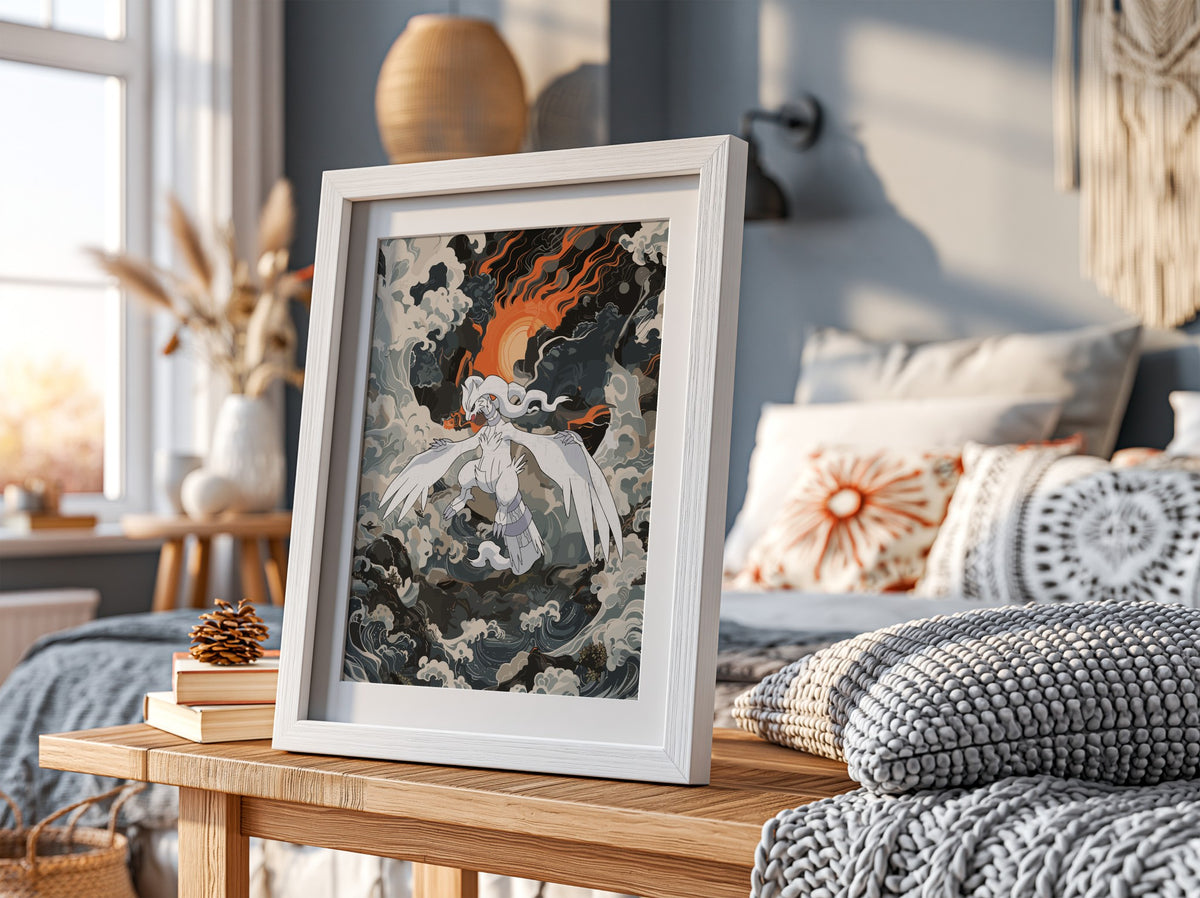 Poster of Reshiram mythical creature with white wings fiery orange sun and stormy clouds