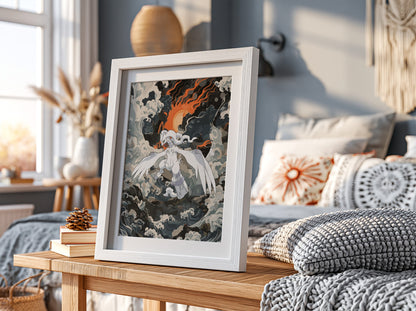 Poster of Reshiram mythical creature with white wings fiery orange sun and stormy clouds