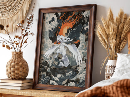 Poster of Reshiram mythical creature with white wings fiery orange sun and stormy clouds