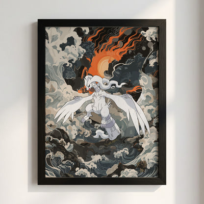 Poster of Reshiram mythical creature with white wings fiery orange sun and stormy clouds