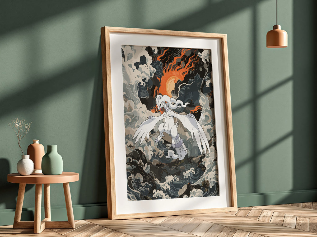 Poster of Reshiram mythical creature with white wings fiery orange sun and stormy clouds