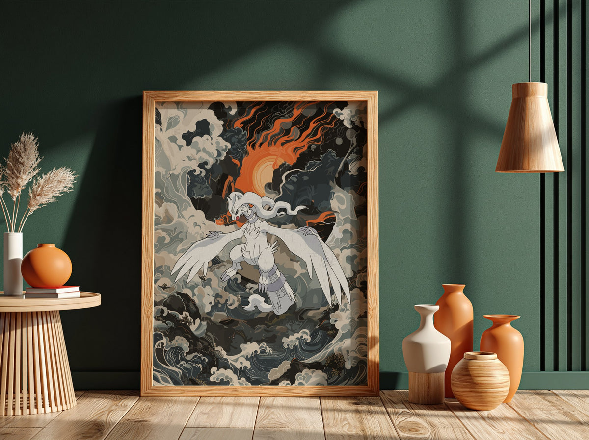 Poster of Reshiram mythical creature with white wings fiery orange sun and stormy clouds