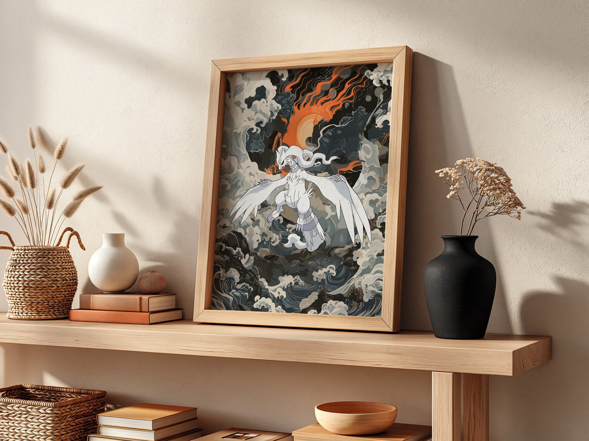 Poster of Reshiram mythical creature with white wings fiery orange sun and stormy clouds