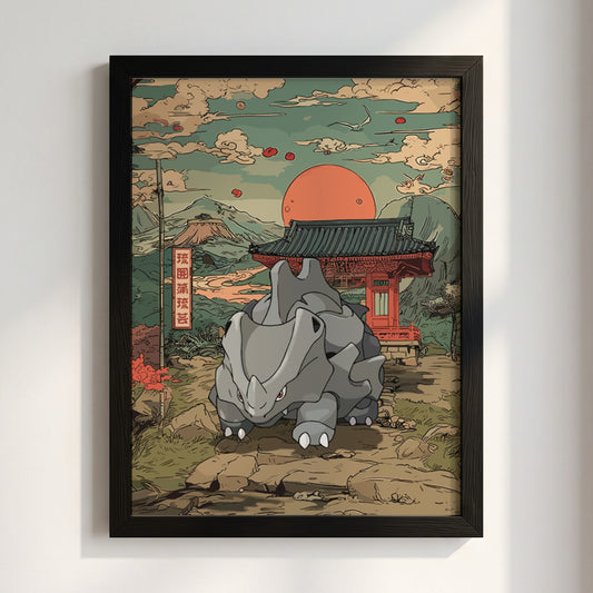 Rhyhorn illustration poster with muted grays and reds, traditional Japanese architecture and sunset