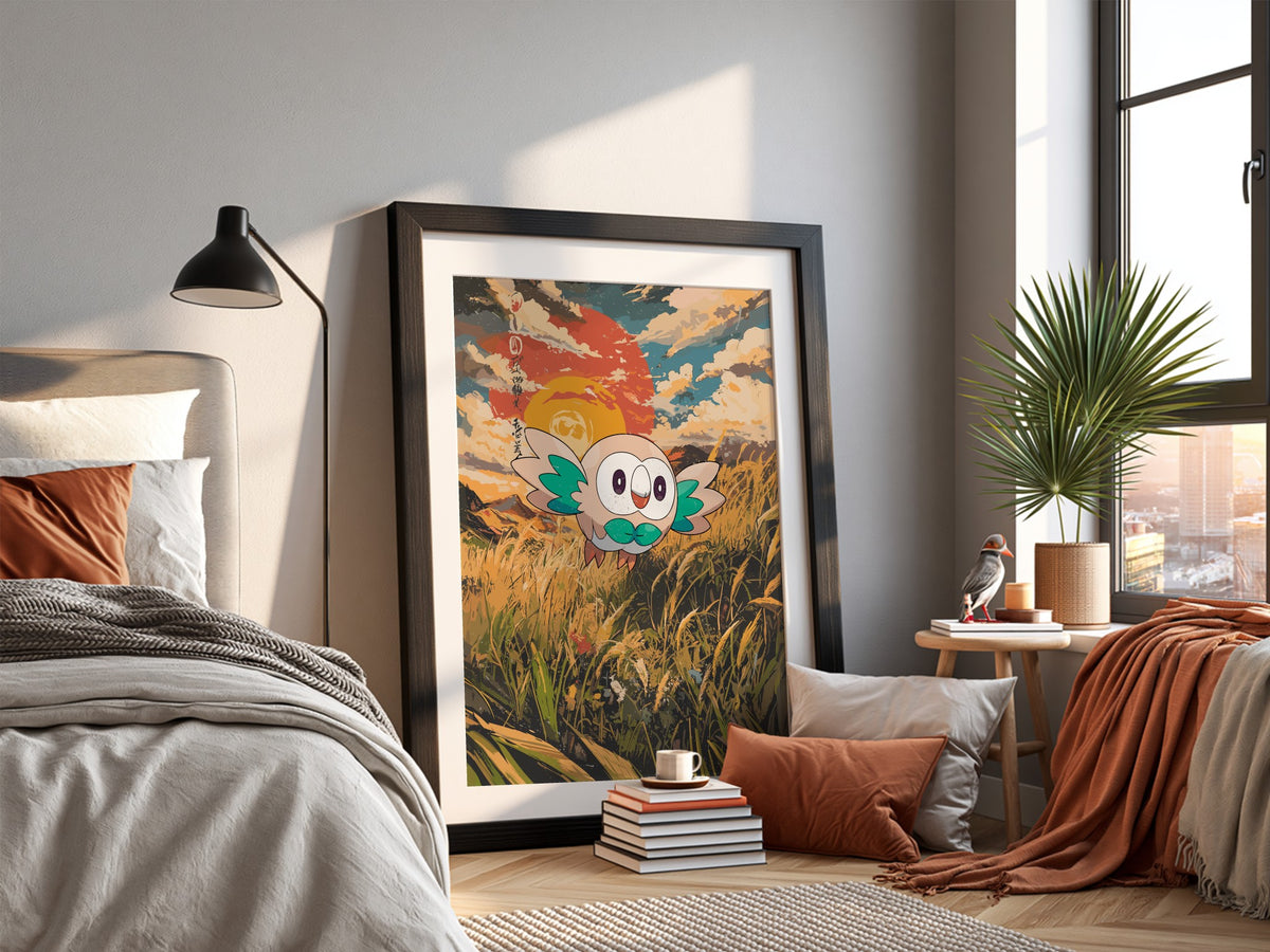 Poster showing Rowlet animated owl flying over golden grass with orange and blue sunset sky