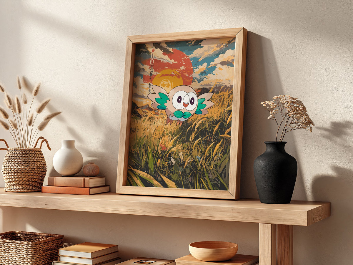 Poster showing Rowlet animated owl flying over golden grass with orange and blue sunset sky