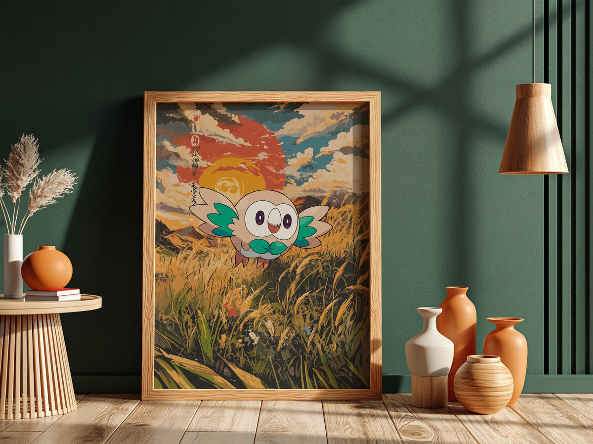 Poster showing Rowlet animated owl flying over golden grass with orange and blue sunset sky