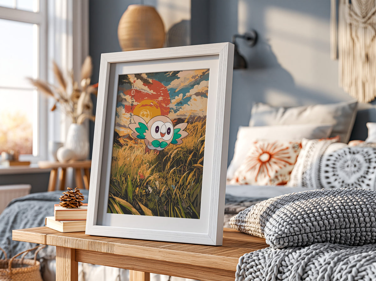 Poster showing Rowlet animated owl flying over golden grass with orange and blue sunset sky