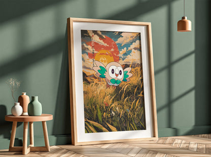 Poster showing Rowlet animated owl flying over golden grass with orange and blue sunset sky