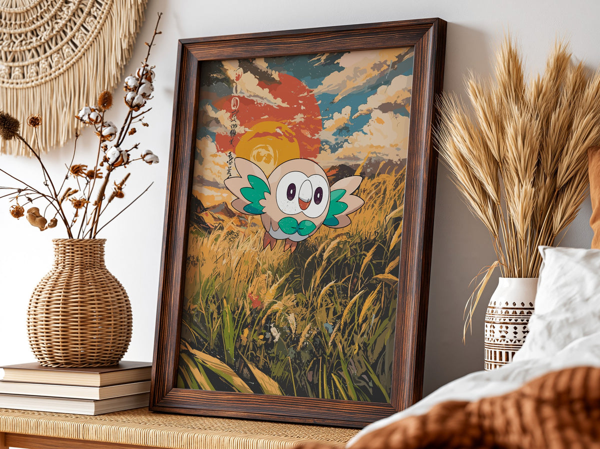 Poster showing Rowlet animated owl flying over golden grass with orange and blue sunset sky