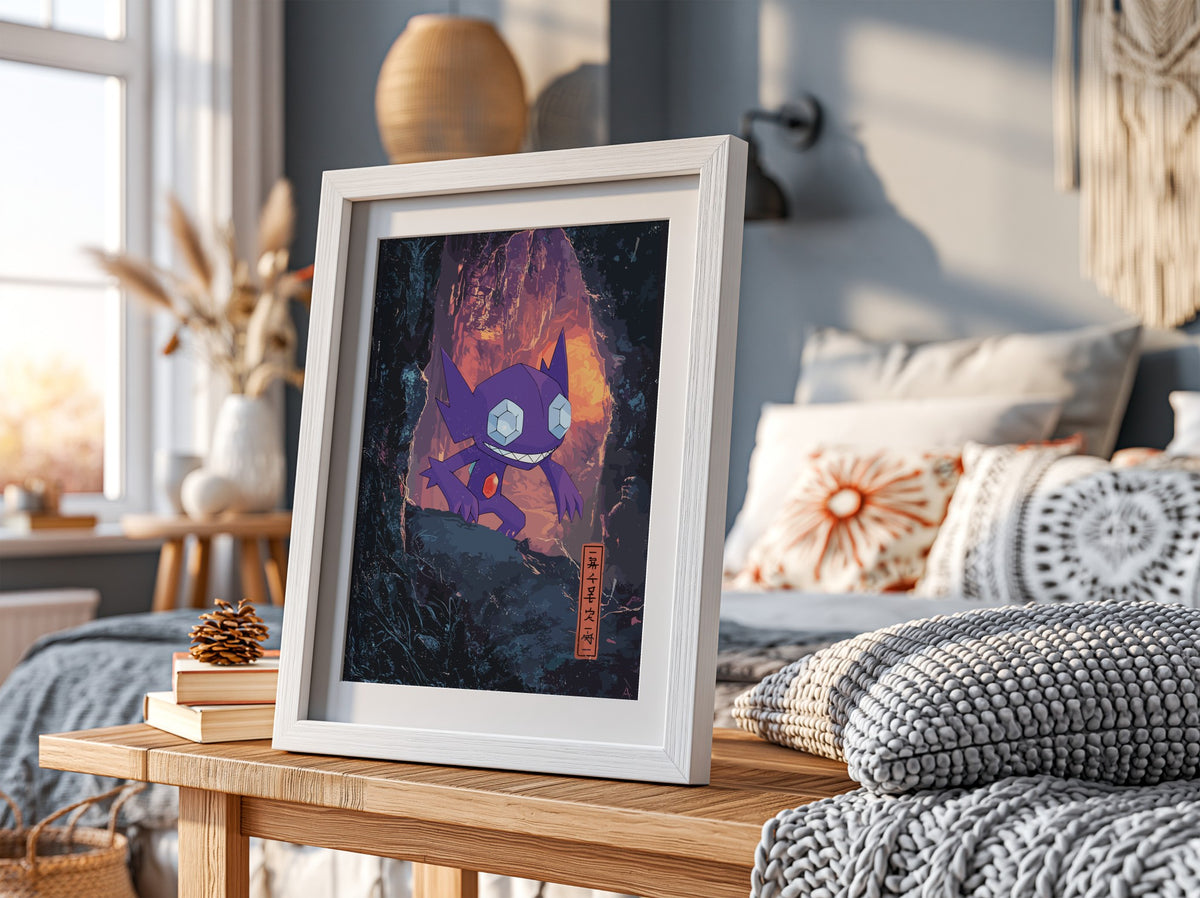 Framed Sableye poster with purple character and glowing cave background in vibrant fantasy style