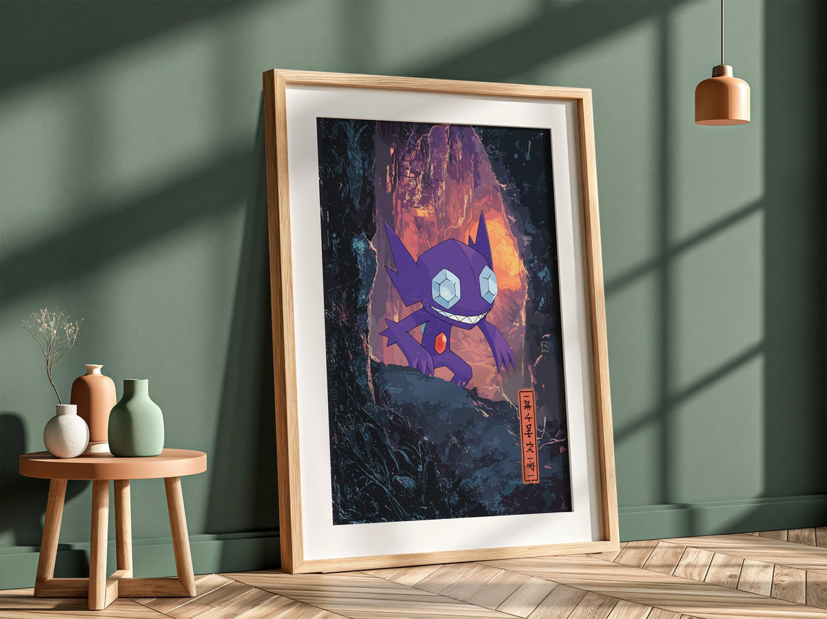 Framed Sableye poster with purple character and glowing cave background in vibrant fantasy style
