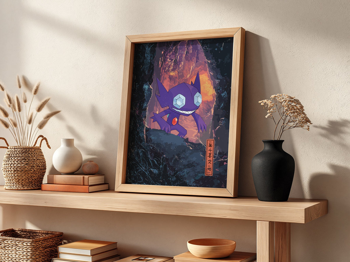 Framed Sableye poster with purple character and glowing cave background in vibrant fantasy style