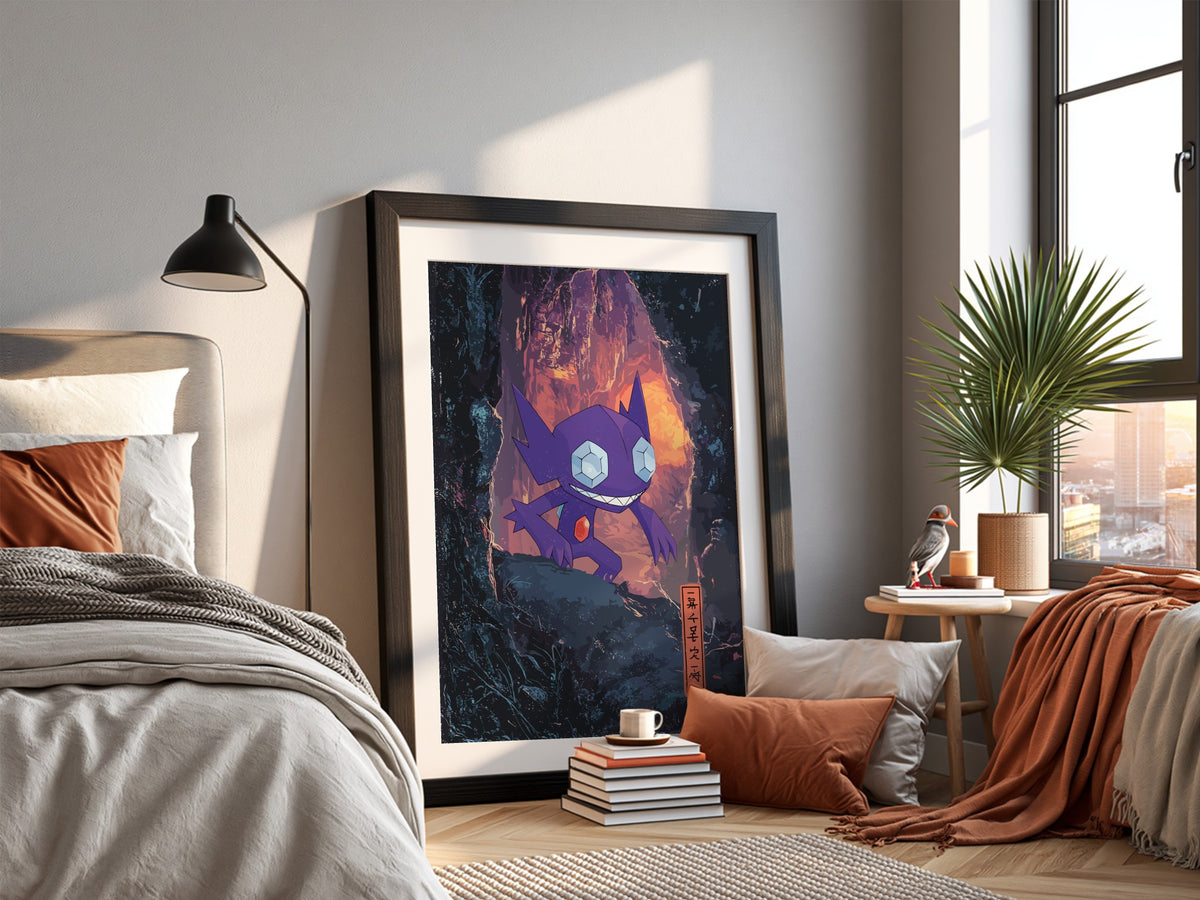 Framed Sableye poster with purple character and glowing cave background in vibrant fantasy style