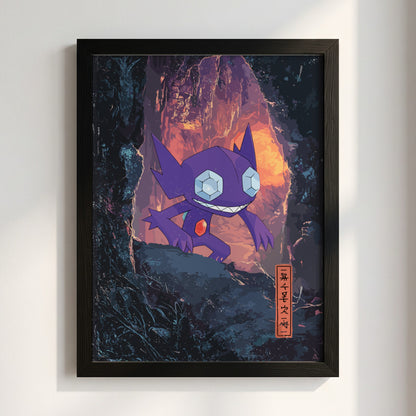 Framed Sableye poster with purple character and glowing cave background in vibrant fantasy style