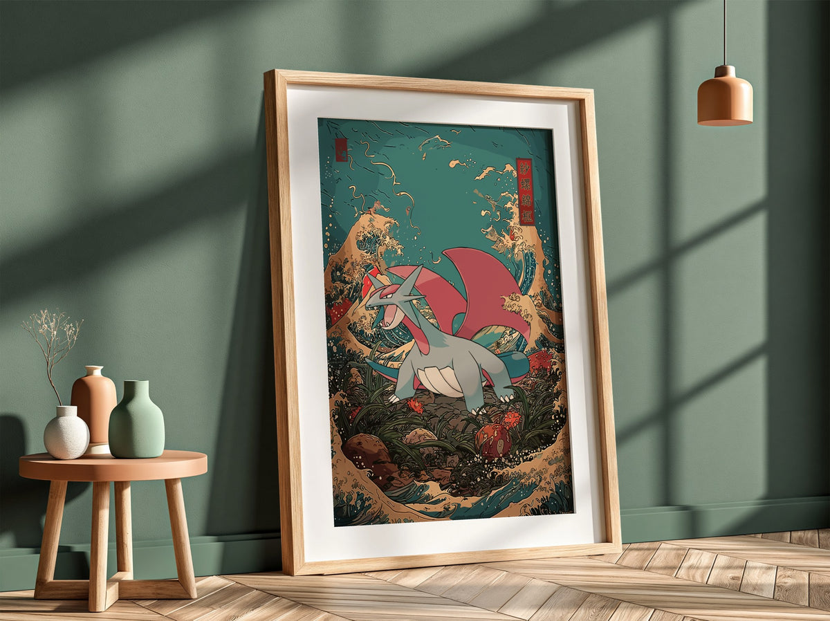 Salamence dragon poster with red wings and gray body against stylized blue and gold Japanese wave background