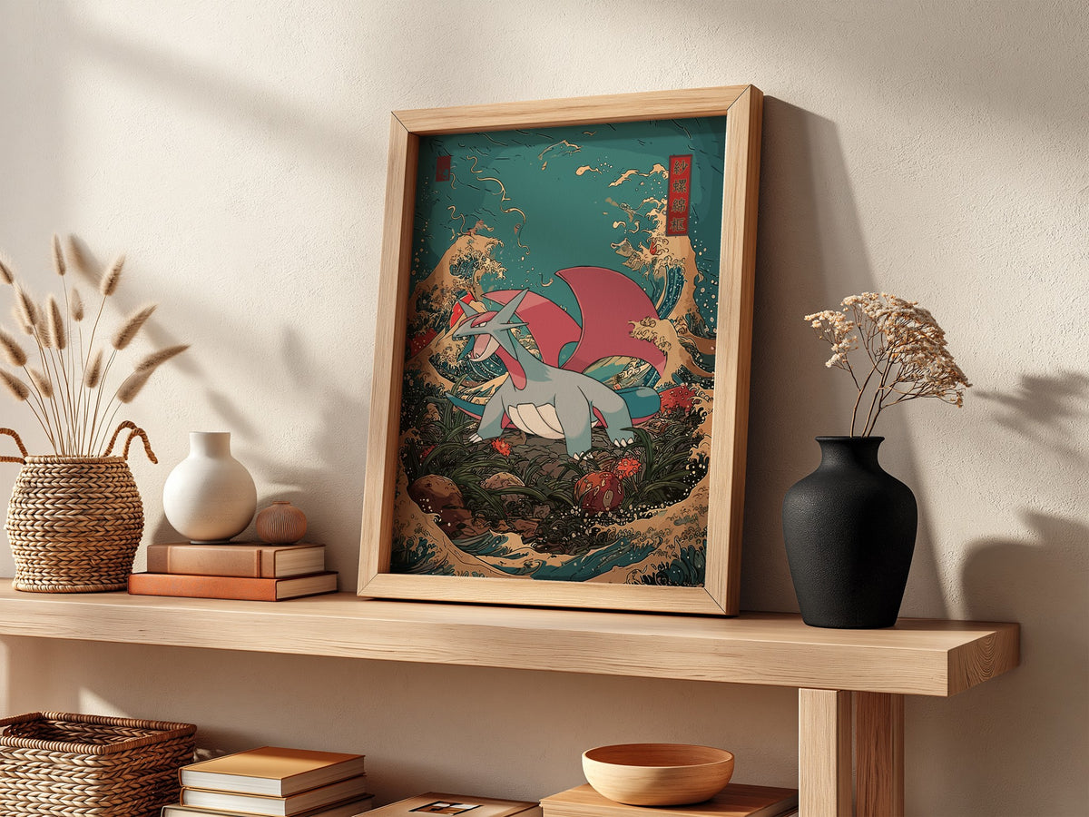 Salamence dragon poster with red wings and gray body against stylized blue and gold Japanese wave background