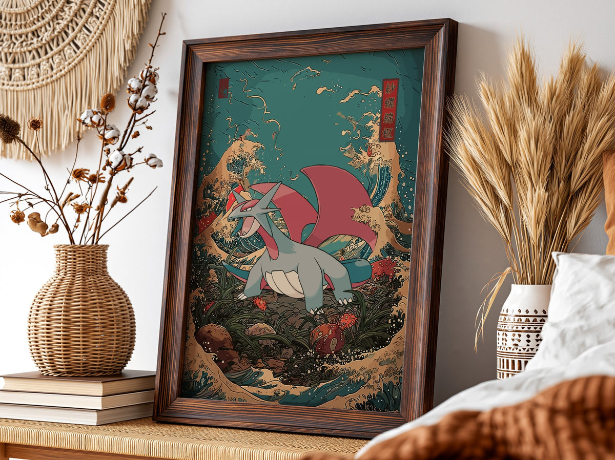 Salamence dragon poster with red wings and gray body against stylized blue and gold Japanese wave background