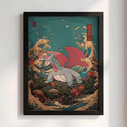 Salamence dragon poster with red wings and gray body against stylized blue and gold Japanese wave background