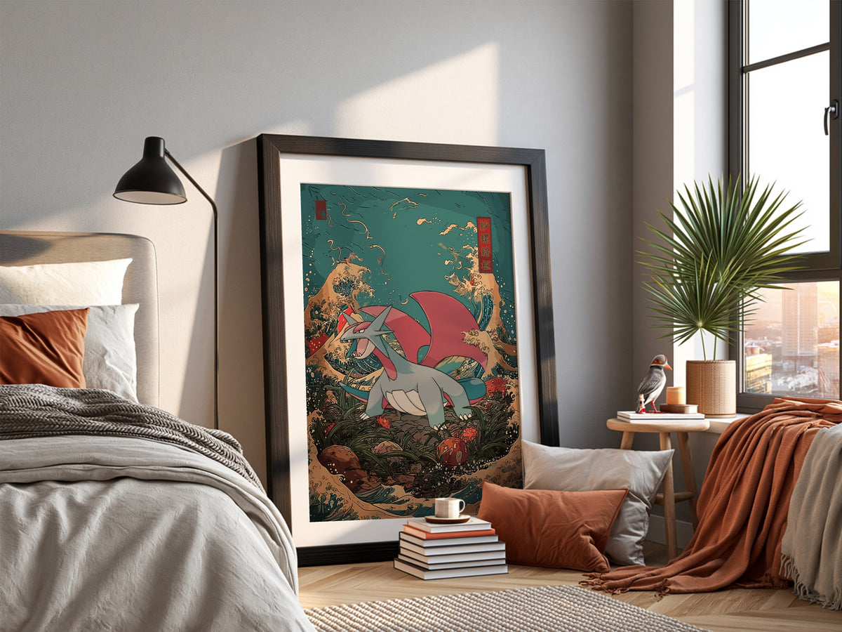Salamence dragon poster with red wings and gray body against stylized blue and gold Japanese wave background