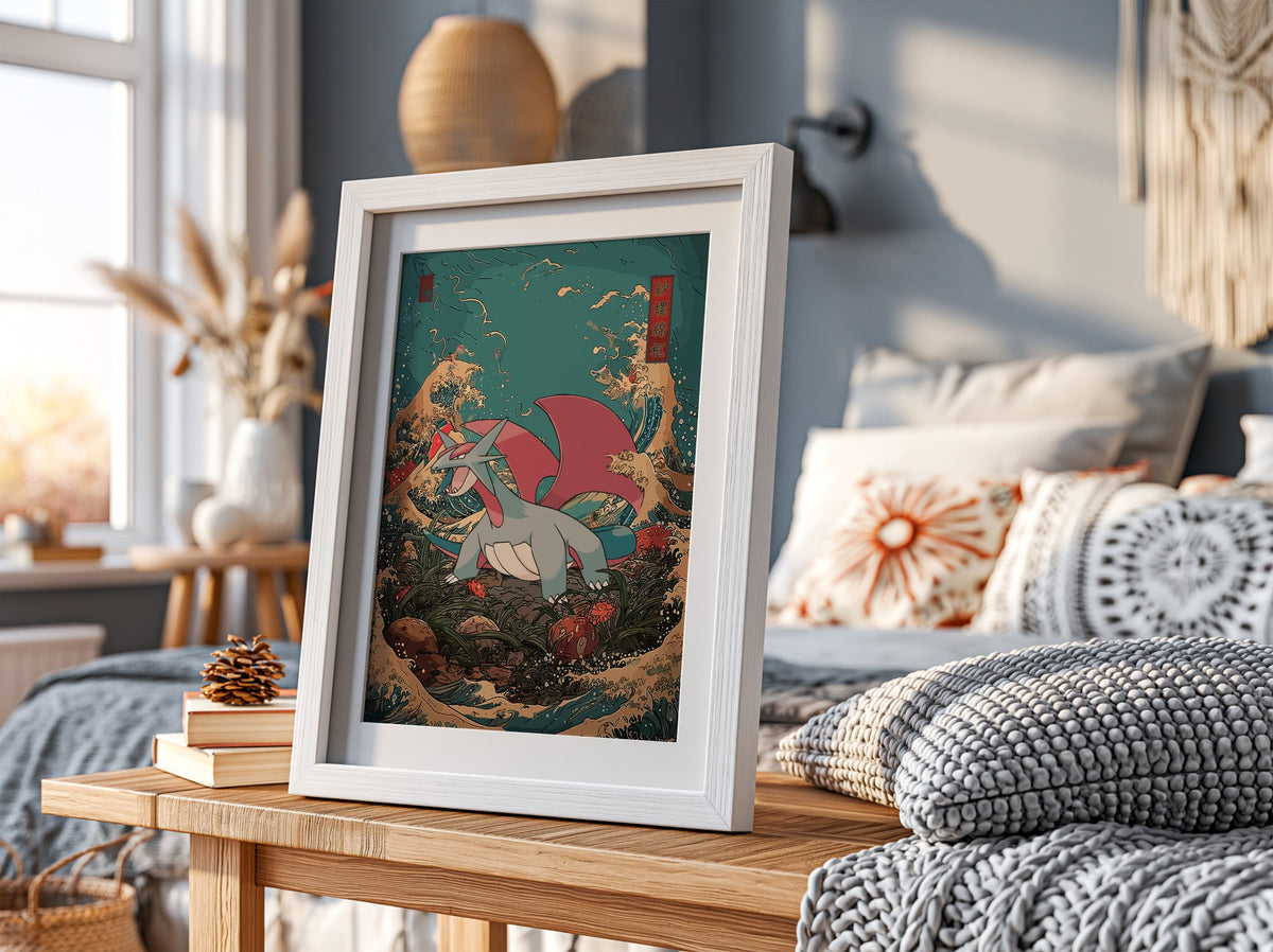 Salamence dragon poster with red wings and gray body against stylized blue and gold Japanese wave background