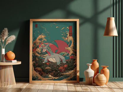 Salamence dragon poster with red wings and gray body against stylized blue and gold Japanese wave background