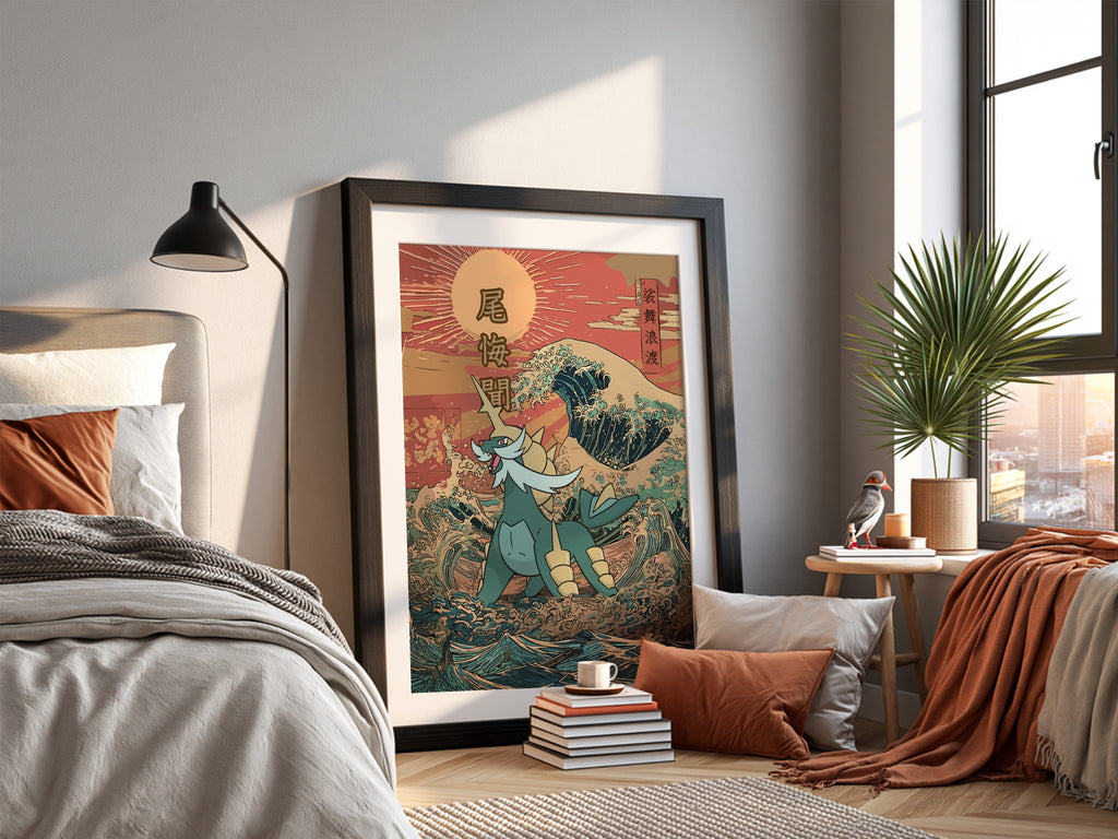 Framed Samurott poster with Japanese wave, warm reds and blues, Ukiyo-e style artwork