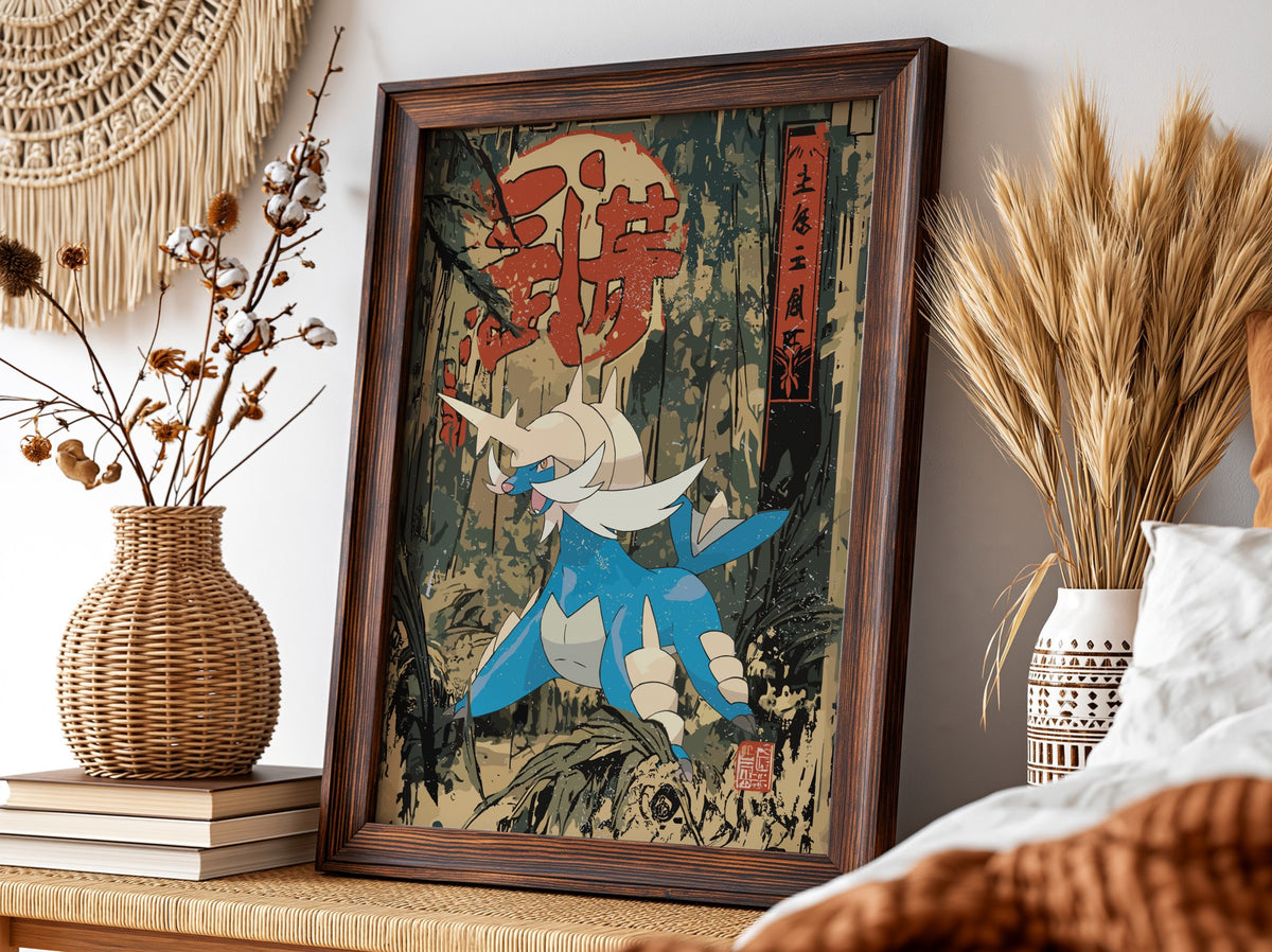 Samurott poster with Japanese ukiyo-e style forest background in earthy greens blue and beige