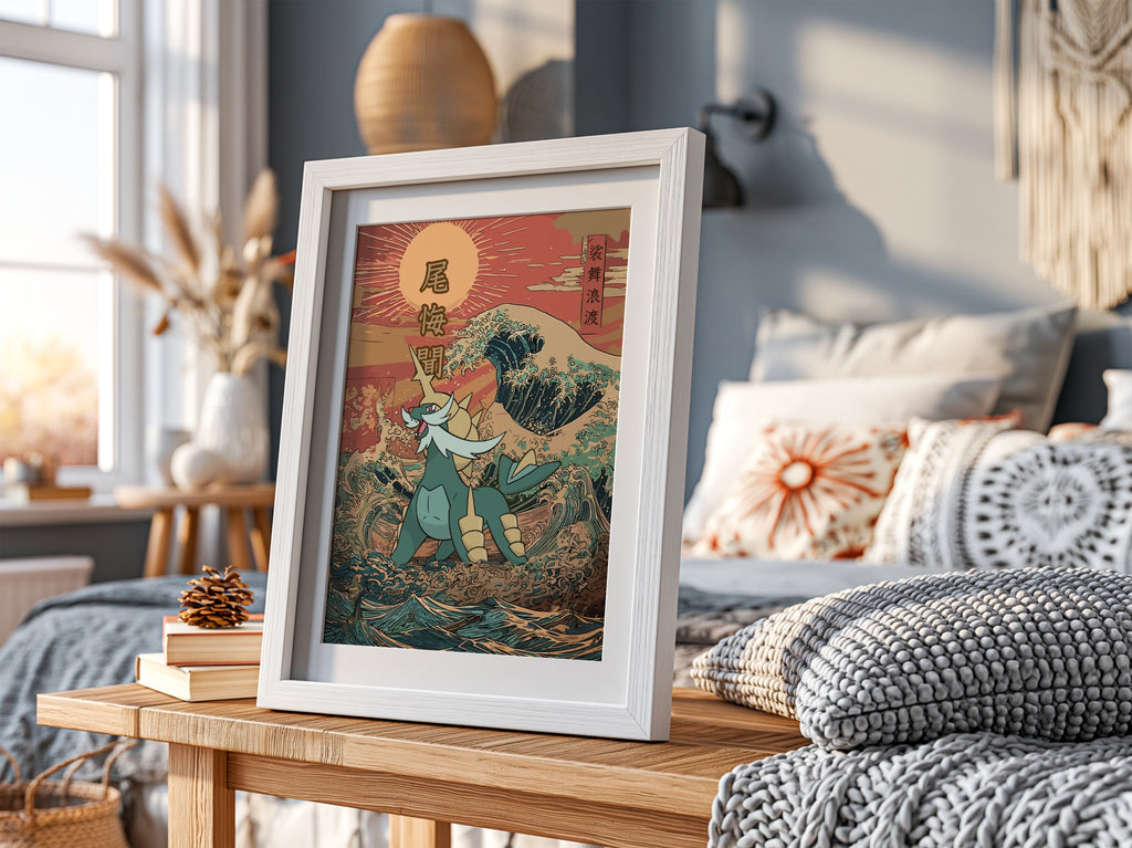 Framed Samurott poster with Japanese wave, warm reds and blues, Ukiyo-e style artwork