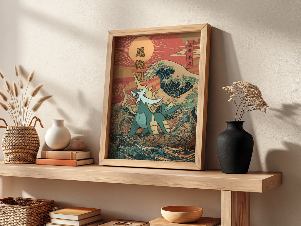 Framed Samurott poster with Japanese wave, warm reds and blues, Ukiyo-e style artwork