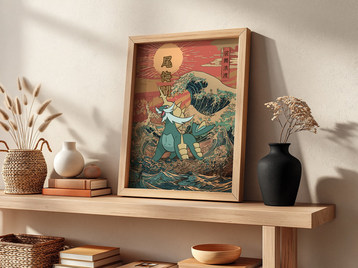 Framed Samurott poster with Japanese wave, warm reds and blues, Ukiyo-e style artwork