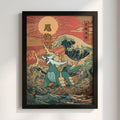 Framed Samurott poster with Japanese wave, warm reds and blues, Ukiyo-e style artwork