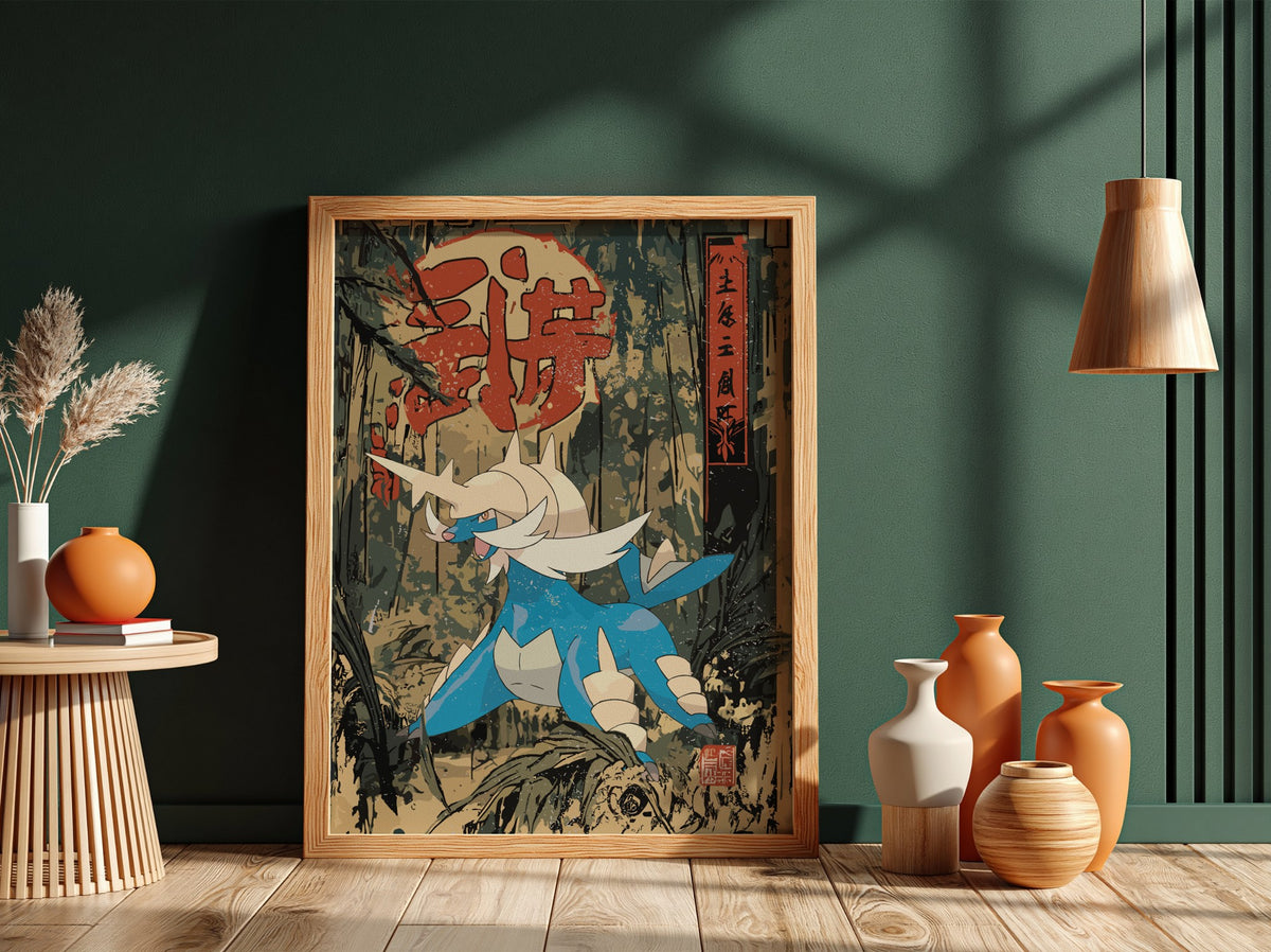 Samurott poster with Japanese ukiyo-e style forest background in earthy greens blue and beige