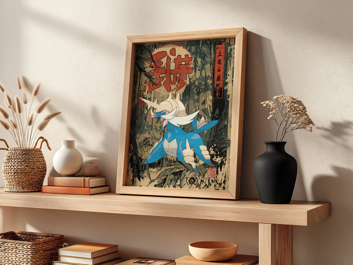 Samurott poster with Japanese ukiyo-e style forest background in earthy greens blue and beige